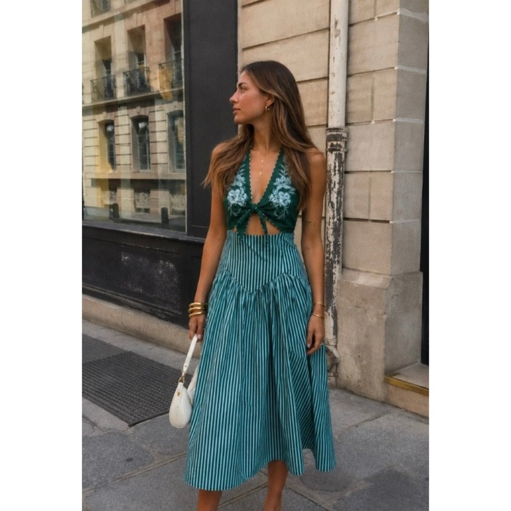 Farm Rio x Anthropologie Embroidered Halter Cutout Midi Dress XS